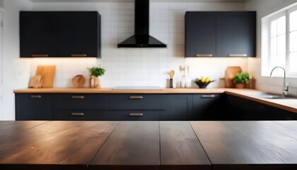 Empty Wooden table top with blurred background of minimalist kitchen bench.