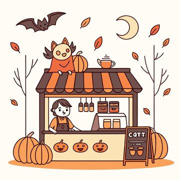 Illustration of a halloween themed coffee stand with pumpkins bat leaves and moon in a cartoon style design