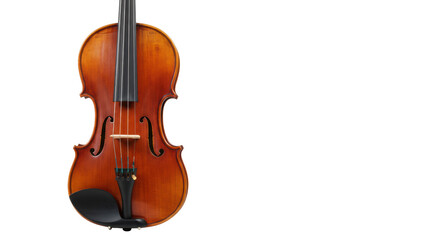 Fototapeta premium A classic, elegant wooden violin with warm brown/reddish tones, intricate scroll, and black chin rest, isolated against a transparent backdrop under soft studio light. Concept of timeless excellence