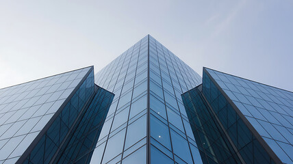 Obraz premium Modern glass skyscrapers meet in a sharp apex. 