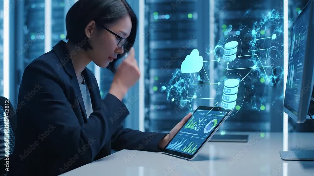 Poster woman in a dark suit using a tablet near computer servers connected via a holographic clouddatabase 