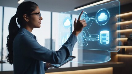 Woman interacting with a digital interface showing data flow between clouds and a database - Powered by Adobe