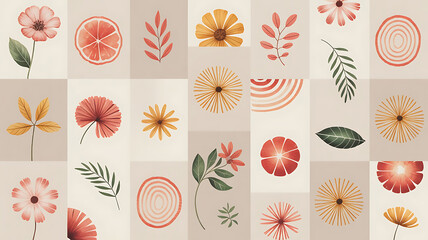 Floral patterns in red, orange, and yellow. Botanical design.
