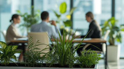 Business people meeting, surrounded by plants. Focus on greenery.

