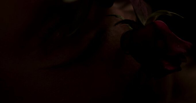 Cinematic close up of a red rose gently caressing the face of a beautiful woman lying in a dark room