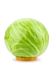Fototapeta premium Fresh green cabbage head, isolated on a white background. Healthy raw vegetable for cooking and diet.
