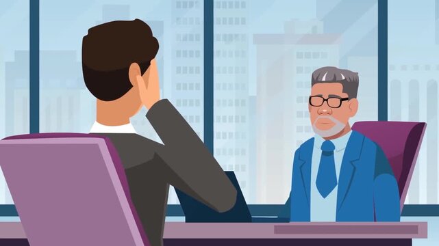 Two businessmen having conversation across office desk during meeting