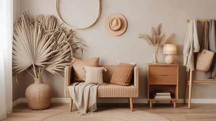 Beige and brown living room, cozy and minimalist.
