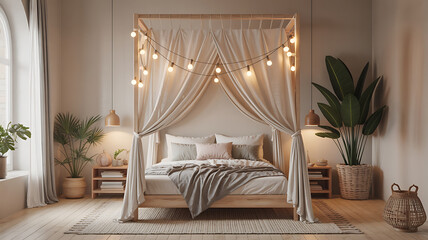 Bohemian bedroom with a four-poster bed, warm lighting, and plants.

