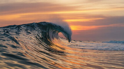 Golden sunset illuminates a powerful ocean wave.
