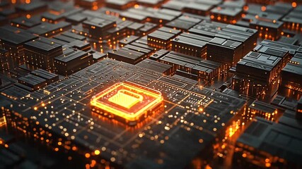 Futuristic technology and digital circuit board with glowing processor core - Powered by Adobe