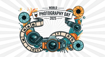 Obraz premium World Photography Day 2025 - Creative Design with Camera Elements