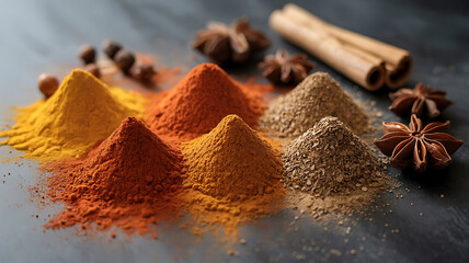 Colorful spice powders, various shades, on a dark background.
