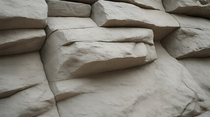 Close-up view of layered, light gray rock wall.
