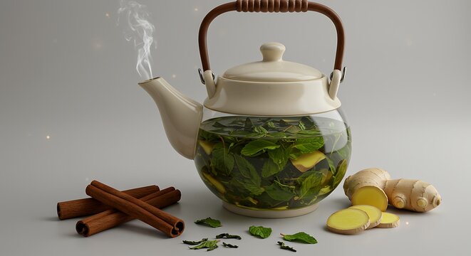 Steaming teapot with fresh mint ginger and cinnamon ready for a soothing herbal tea experience