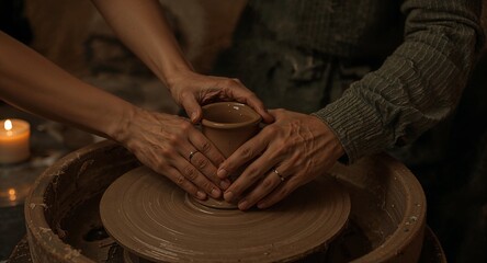 Close-up of a couple's hands shaping a clay pot on a pottery wheel in a dimly lit studio symbolizing craftsmanship and shared creativity.