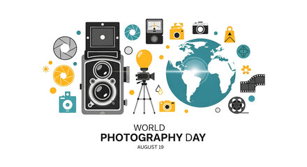 World Photography Day celebration with cameras, globe, and photography elements