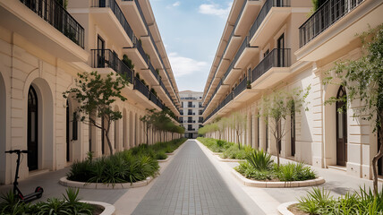 A symmetrical courtyard lined with light beige buildings.
