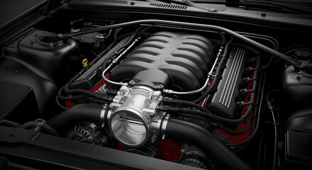 Fototapeta premium Detailed Car Engine Bay View Featuring Intricate Black Components Aluminum Intake Manifold and Red Accents Under Automotive Hood