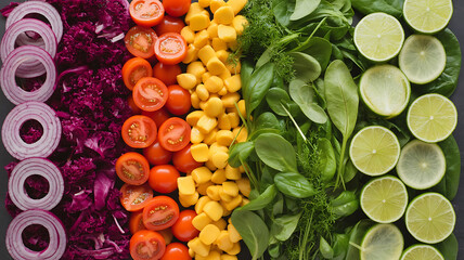 Colorful, vibrant salad ingredients arranged in stripes.
