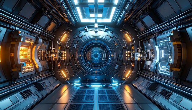 Entering Spaceship Corridor with Glowing Lights and Futuristic Design