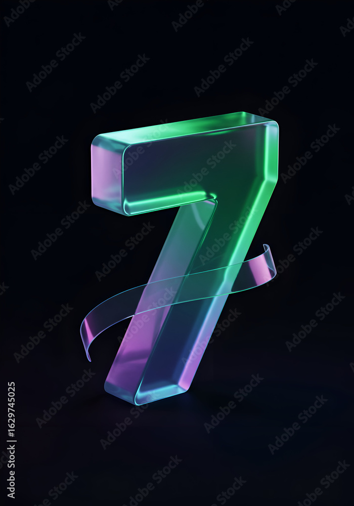 Aufkleber abstract iridescent number seven with translucent ribbon in a studio setting. digitally rendered gra
