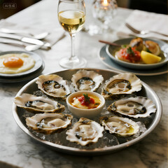 Fresh Oysters on Ice with Gourmet Sauces and White Wine in Fine Dining Setting