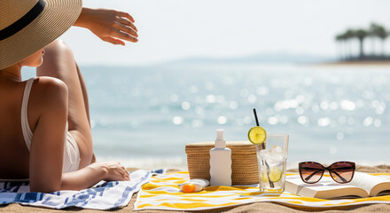 Woman relaxing on a beach with a drink and a book