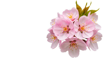 Delicate pastel pink cherry blossoms with bright yellow stamens & green leaf, isolated on a transparent studio background with negative space, macro, sharp focus, soft light. Concept of natural purity