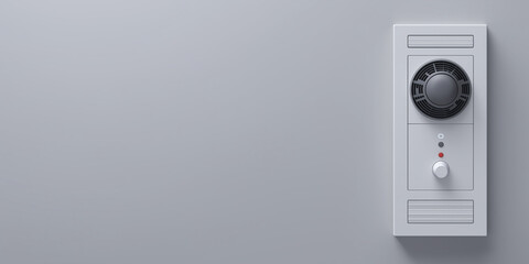 Sleek climate control sensor panel is mounted on neutral background, featuring circular vent and control knob. minimalist design emphasizes functionality and modern aesthetics