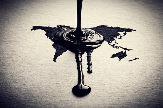 Black liquid spills onto world map