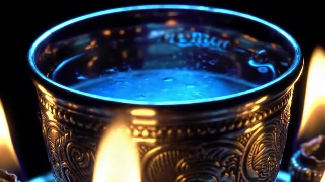 Ornate metal goblet with water and reflected light