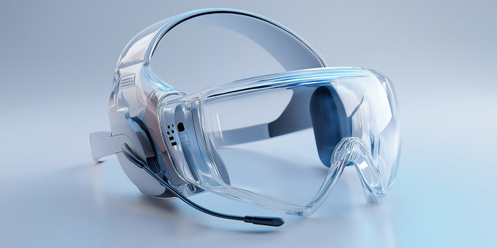 Sleek futuristic headset designed for immersive job skills training, featuring clear visor and integrated microphone, set against soft blue background
