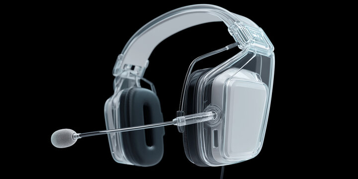 Transparent futuristic headset with microphone, showcasing advanced technology and sleek design, ideal for immersive job skills training and communication