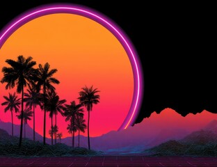 Retro futuristic landscape with palm trees, sunset, and neon glow