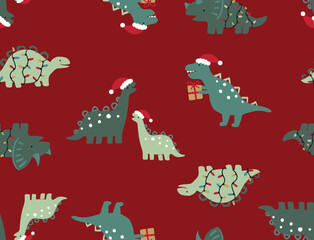 Adorable seamless holiday pattern with cartoon dinosaurs in Santa hats, holding gifts, and wrapped in festive lights. A bright, fun design perfect for children’s apparel, gift wrap, and winter decor.
