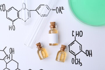 Bottles of cosmetic products, test tubes and Petri dish of sample on paper with chemical formulas,...