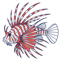 Illustration of a venomous lionfish with red and white stripes isolated on white background