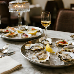 Fresh Oysters on Ice with Gourmet Sauces and White Wine in Fine Dining Setting