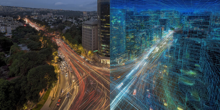 Aerial view of bustling urban intersection with digital overlay illustrating smart traffic system managing flow of vehicles efficiently - Powered by Adobe