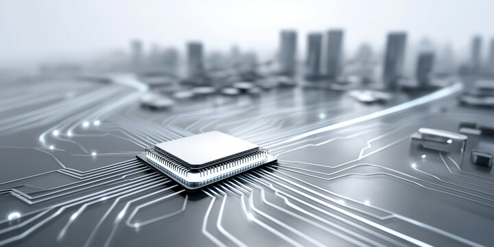 Futuristic microchip is integrated into reflective circuit board, symbolizing urban smart mobility technology in cityscape. scene conveys innovation and connectivity