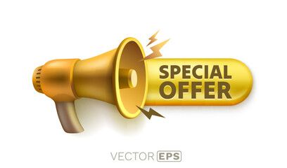 Golden Special Offer, megaphone message sticker. Vector illustration