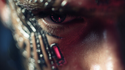 A close-up of a person's eye integrated with cybernetic components. The eye displays reflectivity with embedded circuitry, suggesting a blend of human and machine elements.