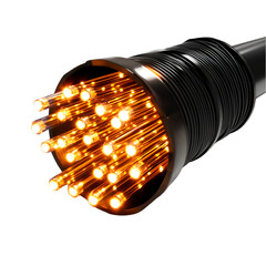 Dynamic glowing fiber optic cable end showcases brilliant orange light transmission for advanced connectivity and high-speed data transfer innovation