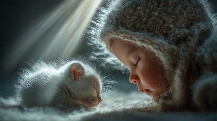 A small white kitten is sleeping peacefully on a soft surface. Natural light from above highlights its fur, creating a serene and calm setting.