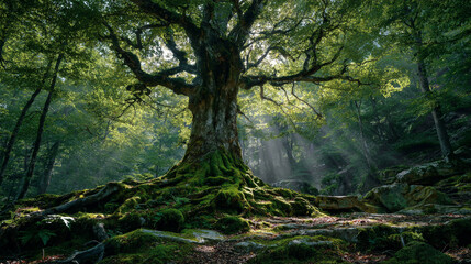 Obraz premium A majestic, ancient tree with mosscovered roots stands in a sundappled forest, with light rays filtering through the canopy