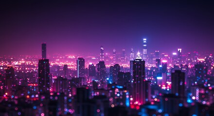 Fototapeta premium Night City Skyline with Neon Lights and Tall Skyscrapers in Vibrant Pink and Blue Colors