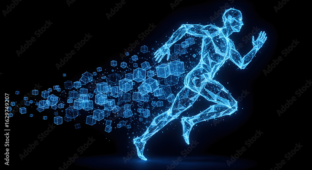 Poster dynamic blue polygonal runner dissolving into abstract particles against dark background