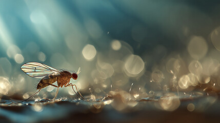 A small fly with translucent wings stands on a reflective surface under soft, diffused light. The background is filled with circular bokeh effects, emphasizing the insect's detail.