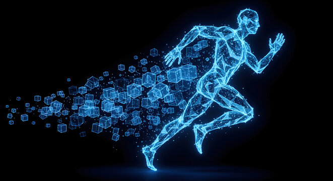 Dynamic Blue Polygonal Runner Dissolving Into Abstract Particles Against Dark Background - Powered by Adobe